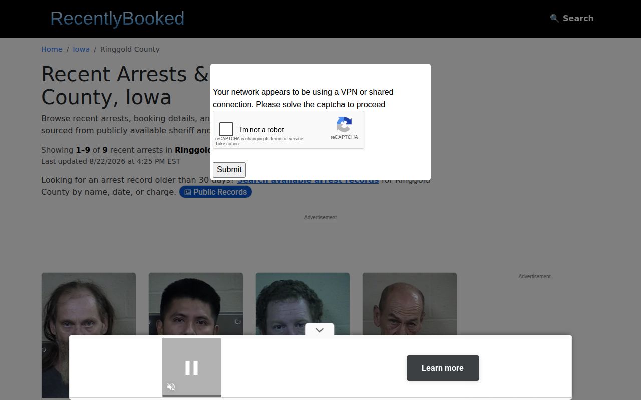 Unofficial Ringgold County recent bookings page
